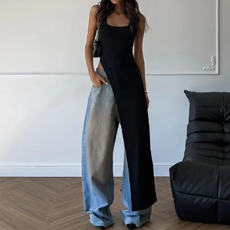 Women's 2024 Summer Personalized Sleeveless Suspender T-shirts Sexy U Neck Black Slim Asymmetric Long Style Tank Tops Streetwear