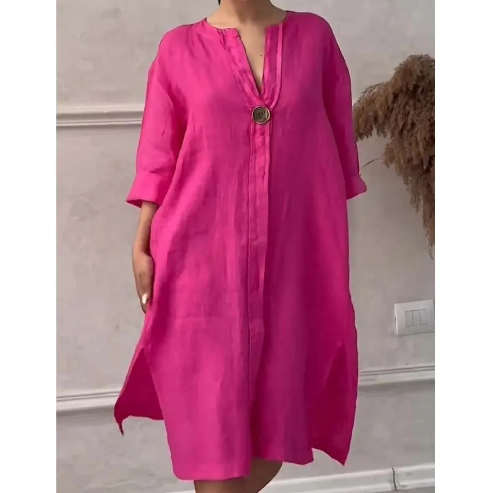 Loose V-neck Two Side Slit Pullover Dress 2024 Women\'s New Cotton And Linen Solid Color Casual Long-Sleeved Button Maxi Dress