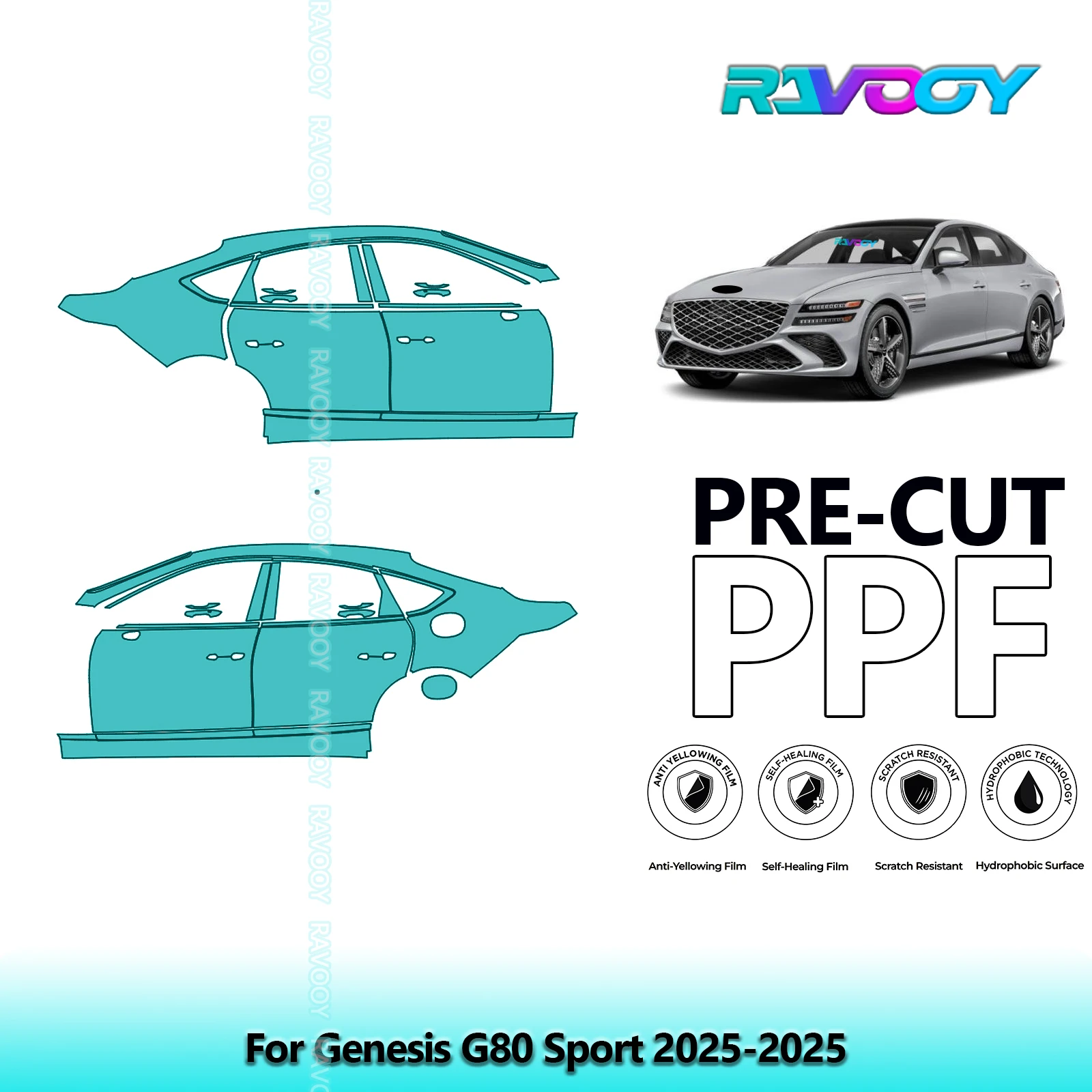 

For Genesis G80 Sport 2025-2025 8.5mil Clear Matte Pre-Cut PPF Door & A/B Pillar Kit TPU Paint Protection Film Set