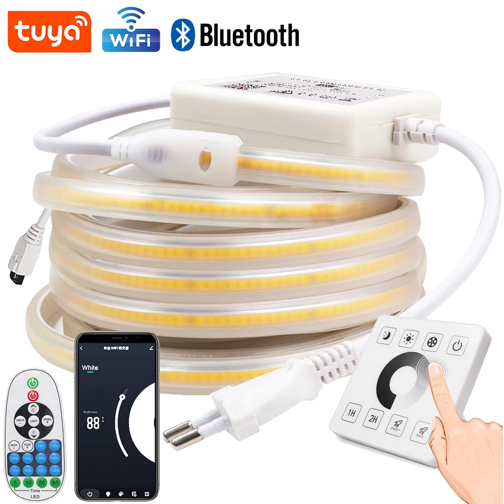 Tuya WiFi COB LED Strip Light 220V EU 288LEDs/m Dimmable COB LED Lights with Remote Flexible Waterproof COB Linear Light Bar