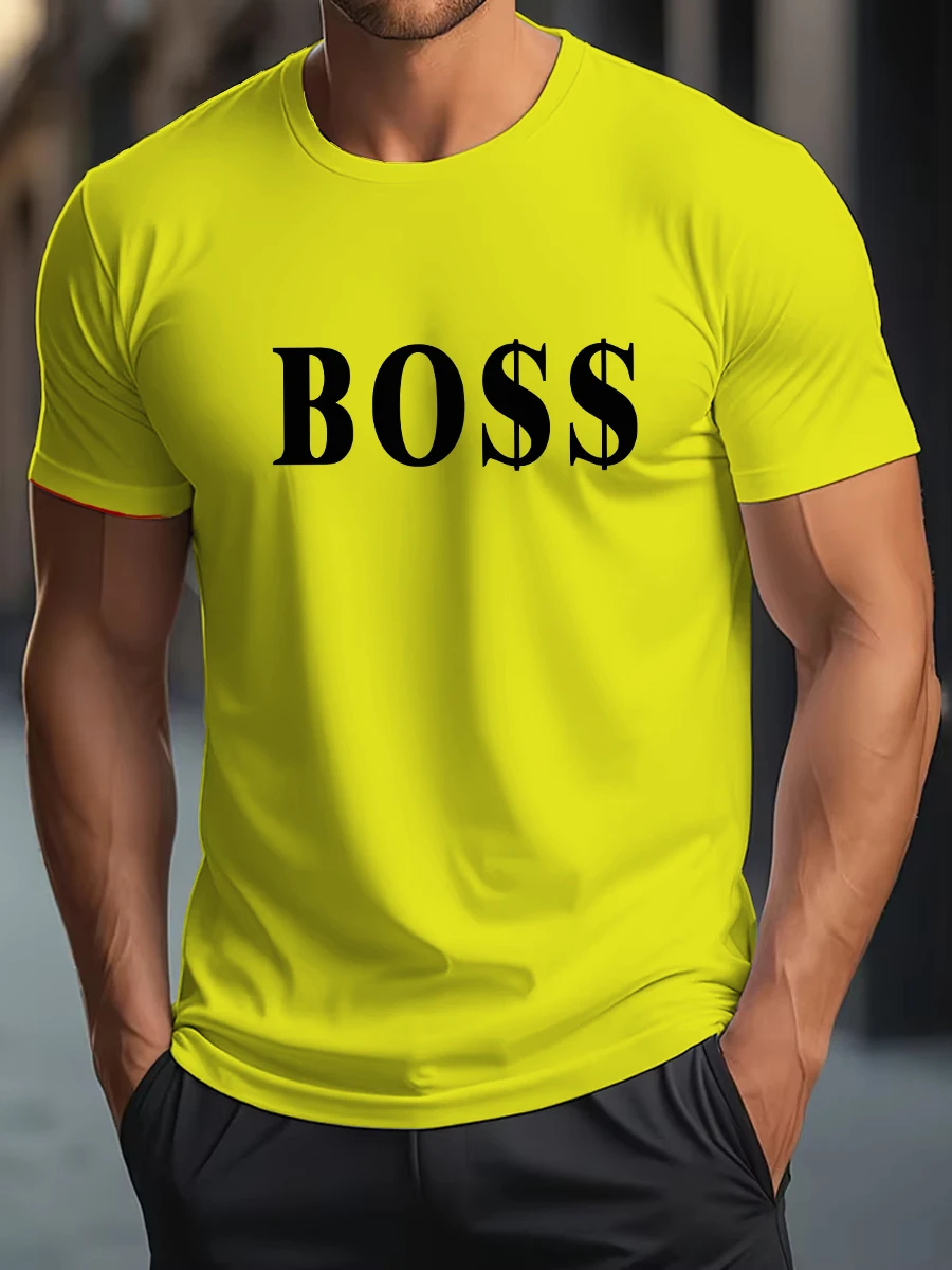 تي شيرت رجالي صيفي 100% من القطن الخالص لعام 2025 مع مطبوعات حروف BOSS، بلوزة عصرية، كاجوال بأكمام قصيرة