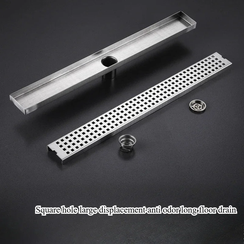 Toilet 304 stainless steel rectangular floor drain, thickened square hole, large displacement, anti odor long floor drain