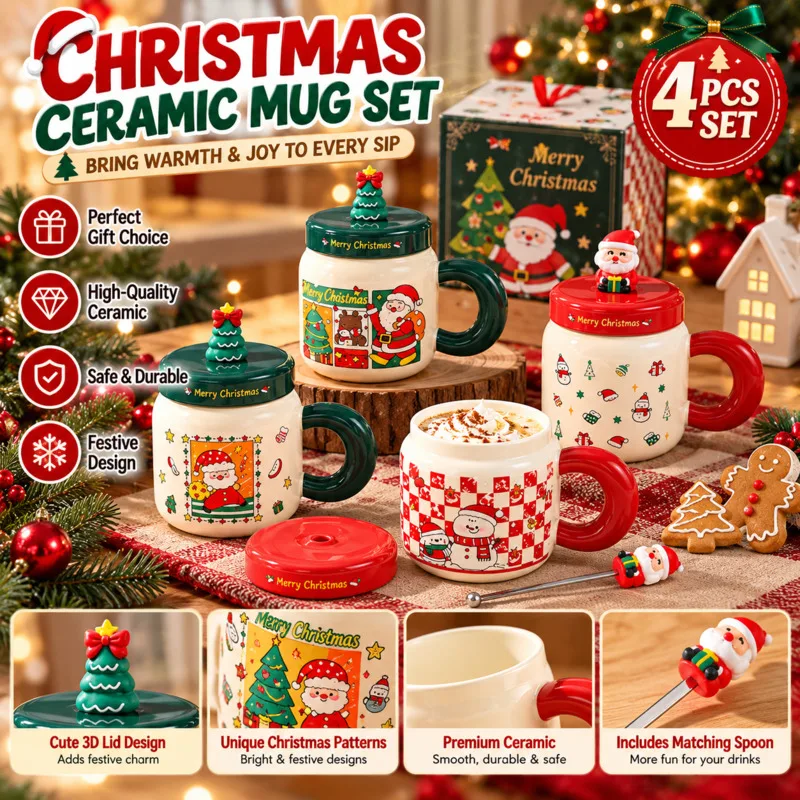 Christmas 3D 400ml Ceramic Mug With Santa Snowman Cartoon Lid High Heat Resistant Xmas Cup Gift For Kids Adults Home Party Gift