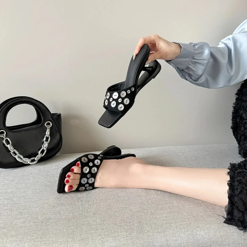 2026Square Toe Shell Button Decor Women Slippers Summer New Designer Wedge Heel Sandals  Beach Holiday Shoes view 3