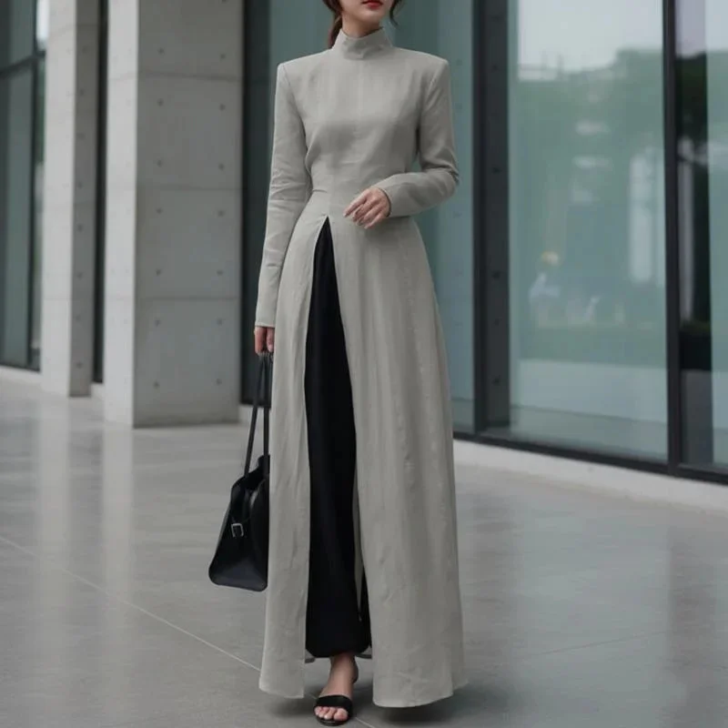 

Spring Fashion Women French Maxi Dress High Neck Long Sleeve High Waist Split Elegant Dress For Office Daily Commute Party Wear