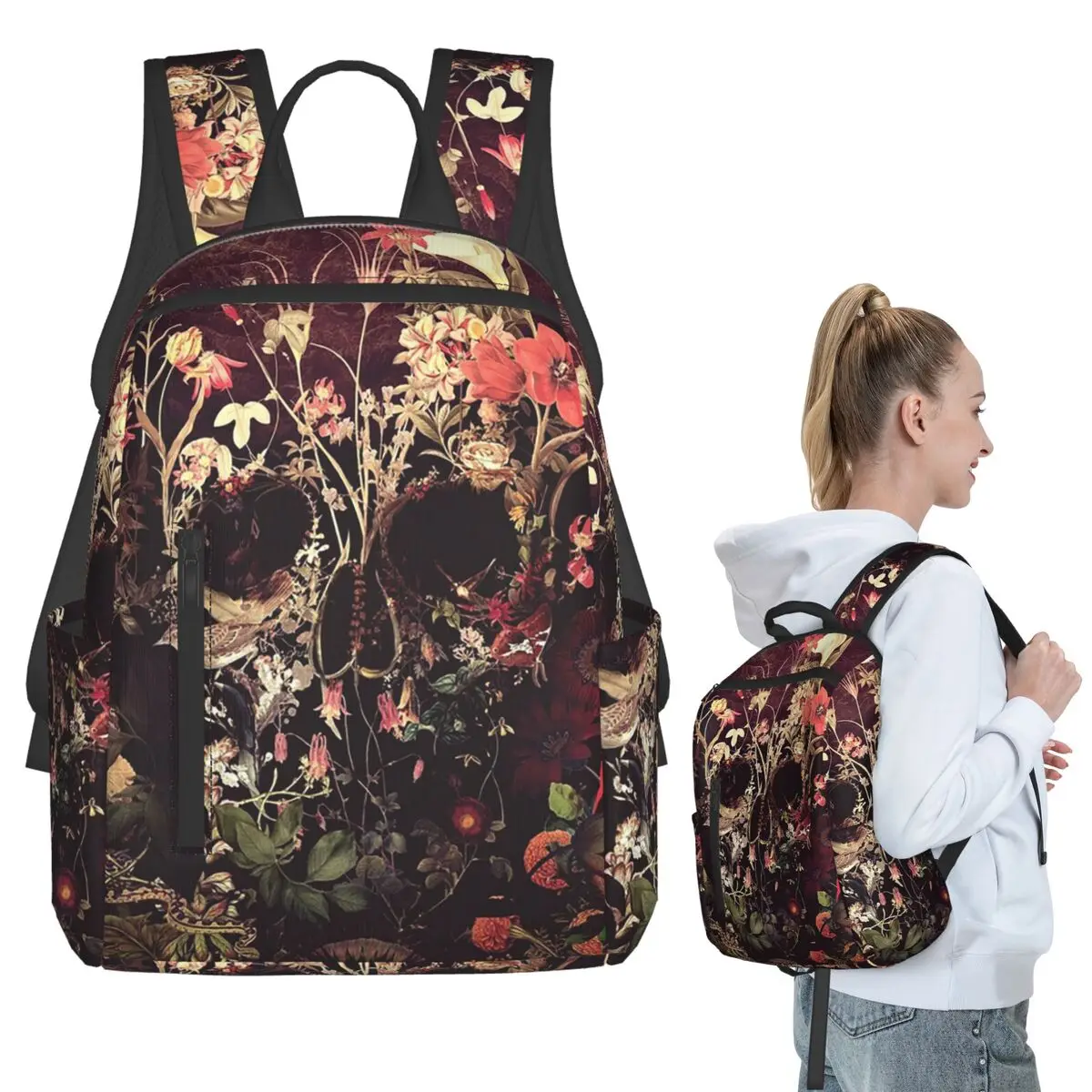 Bloom Skull Backpack Student BookBag Boys Girls School Bag Laptop Shoulder Bags Men Women