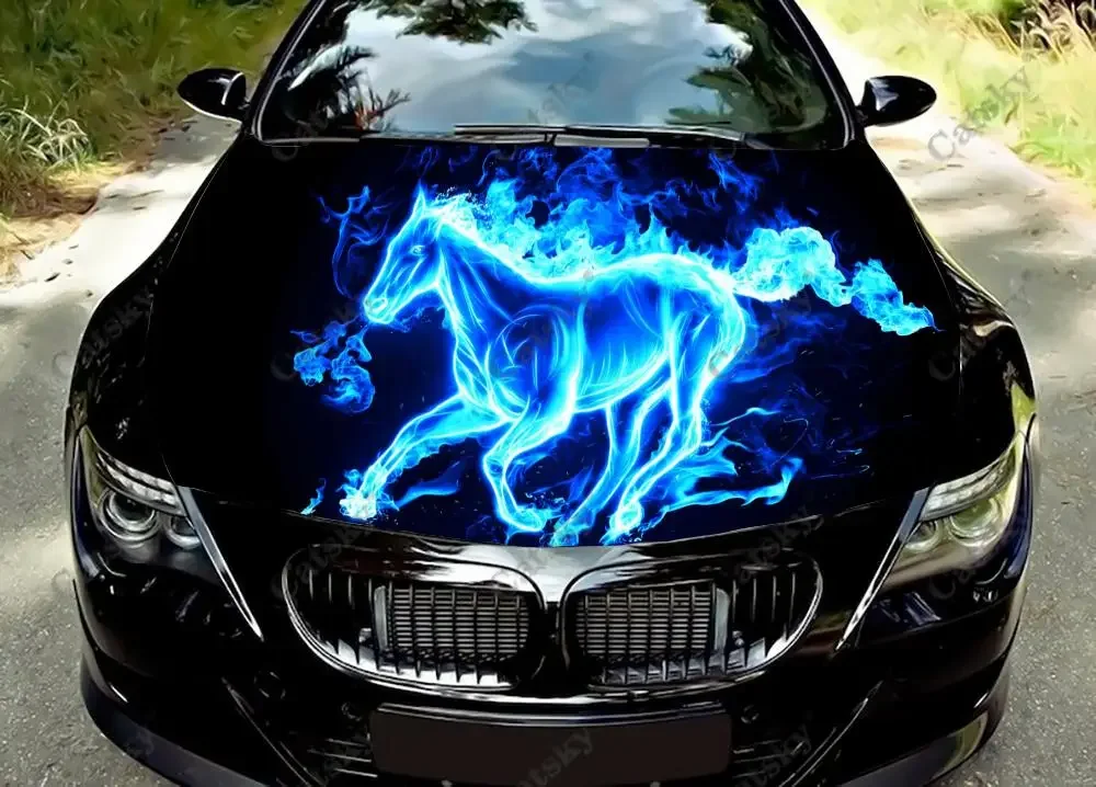 Blue Fire Flames Horse Print Car Hood Vinyl Stickers Wrap Vinyl Film Engine Cover Decals Sticker Car Auto Accessories Decoration