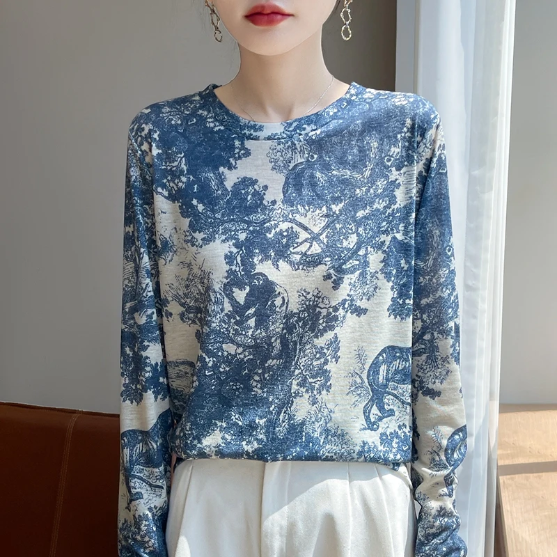 Spring And Autumn New Worsted Sweater Round Neck Bottoming Shirt Joker Long Sleeve Pullover Printing Long Sleeve