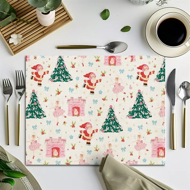 VIKAMA Christmas Linen Placemat, Pastel Skating Santa Ballerina Pink Fireplace, Machine Washable Easy Clean, Breakfast