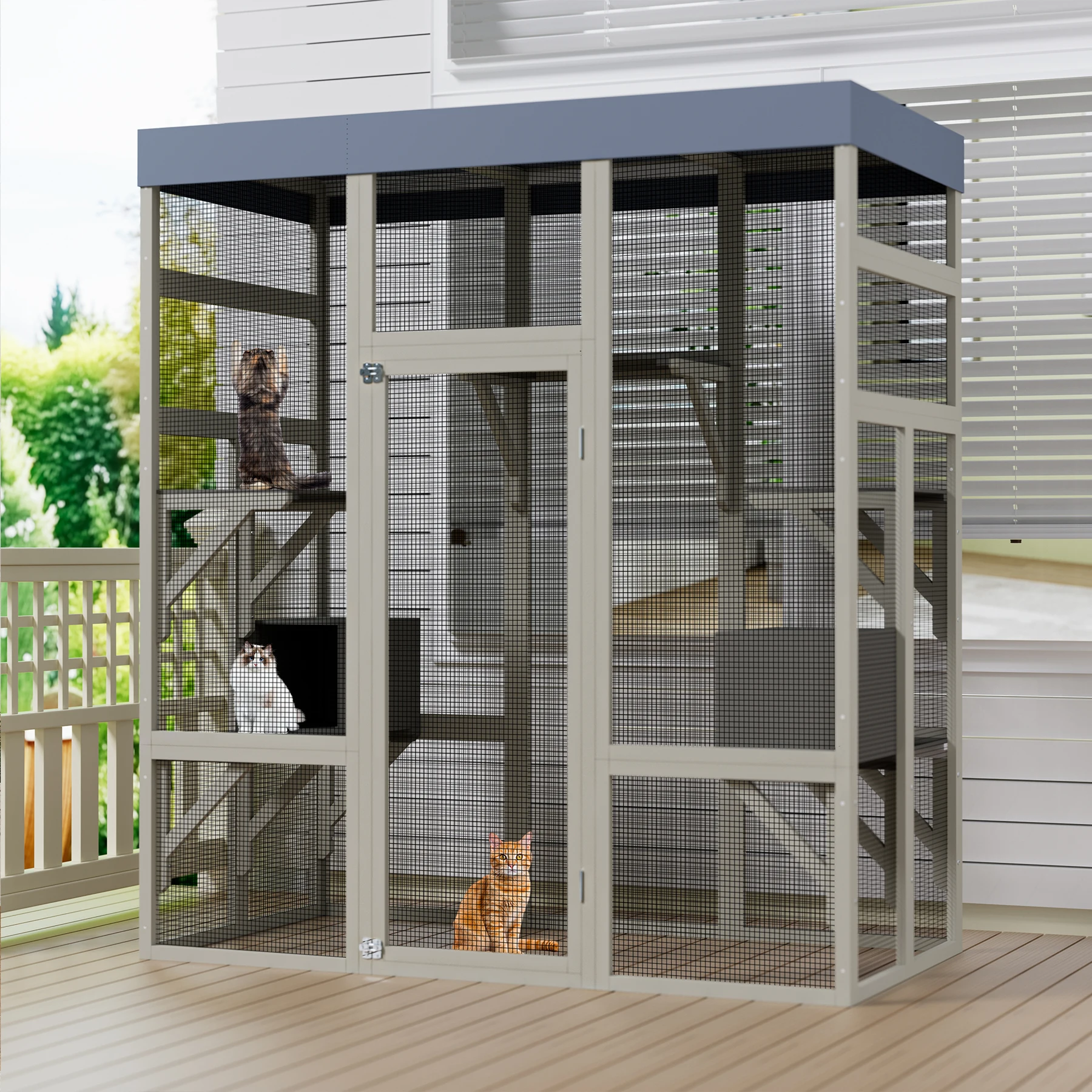 

Серый деревянный открытый Catio — водонепроницаемый простренный корпус для домашних животных с двумя коробками для сна для кошек, мелких животных
