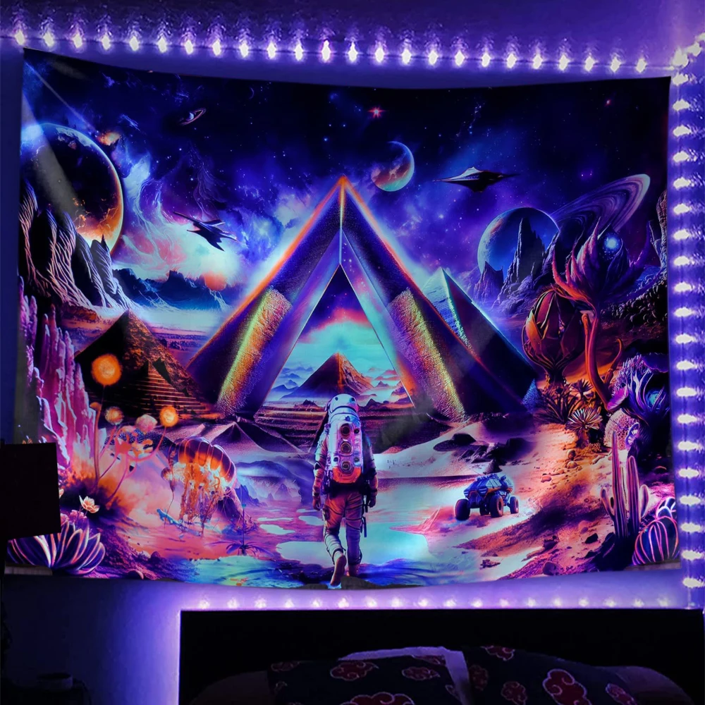 Blacklight Galaxy Space Astronaut Wall Hanging Tapestry Trippy Pyramid Planet Fantasy Neon Plants Wall Cloth Home Decor