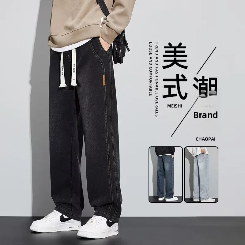 

American Style Retro Jeans Denim Pants Versatile Trousers Straight Leg Loose Fit Youthful Sporty mid Waist Rope Closure