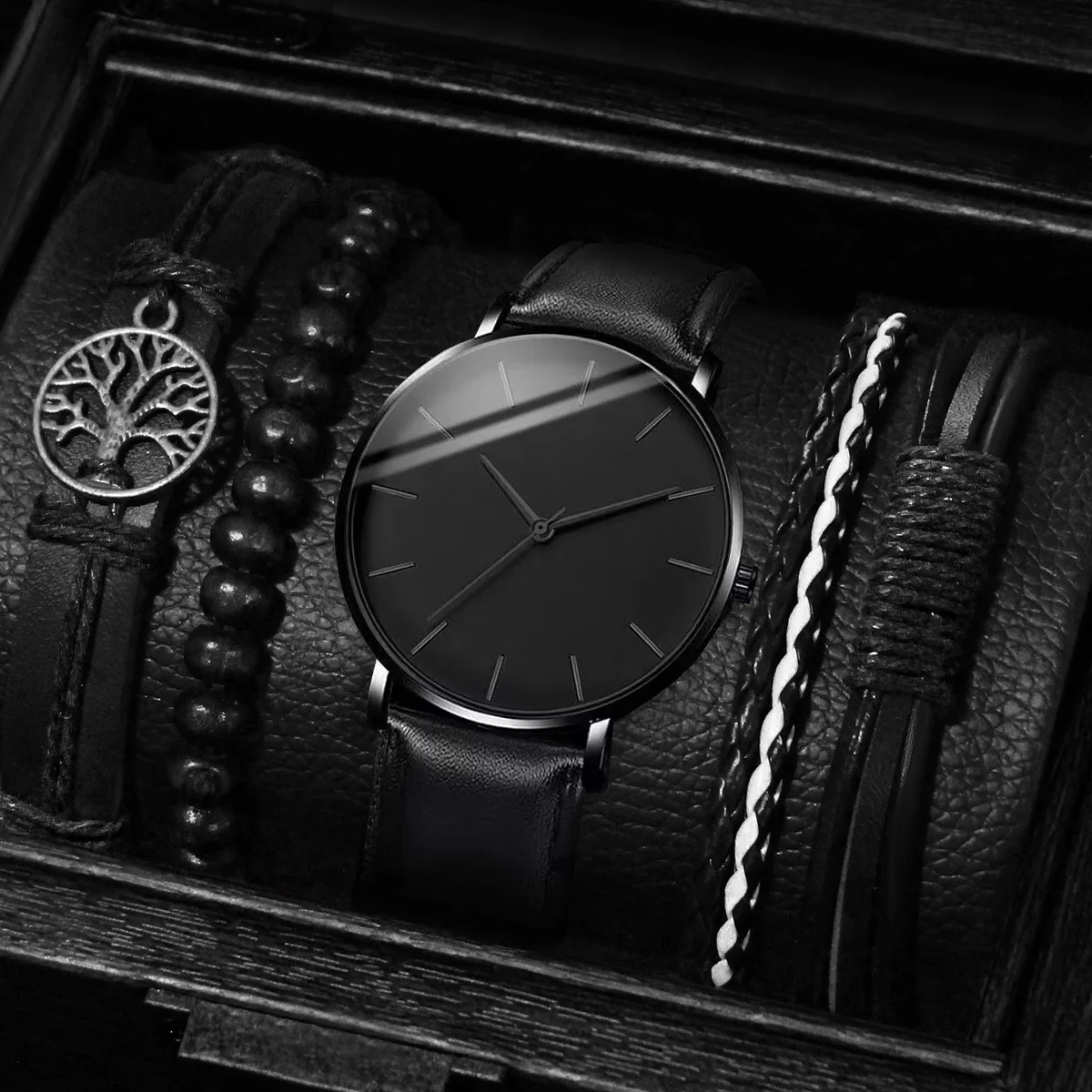 

5PCS Minimalist stud watch, fashionable casual belt, student watch, new men's business quartz watch set