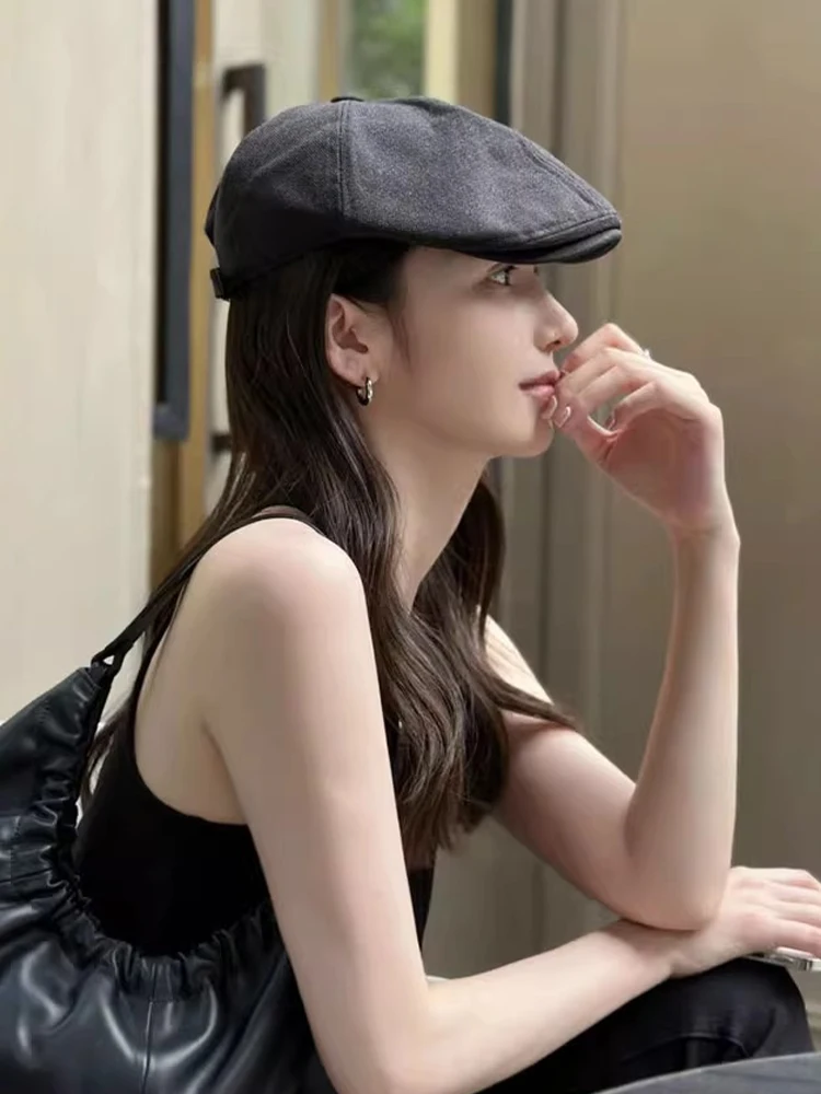 Retro Coffee Cotton Linen Beret Hat Women Summer American British Style Forward Cap Large Head Size Small Face Beret Hat