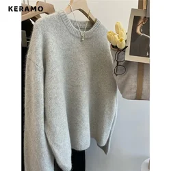 2024 Autumn WInter Elegant Vintage Grey V-neck Knitting Long Sleeve Gyaru Pullovers Women Casual Solid Color Ladies Sweater