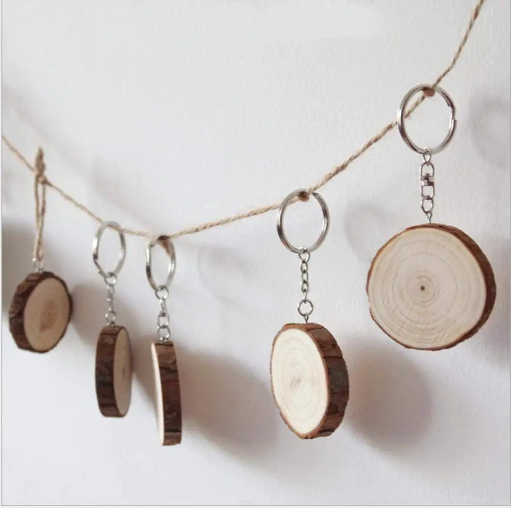 5Pcs/Set Unfinished Wood Slices Keychain Blank Hand-painted Wooden Keychain Vintage DIY Wood Keychain Car Bag Pendant