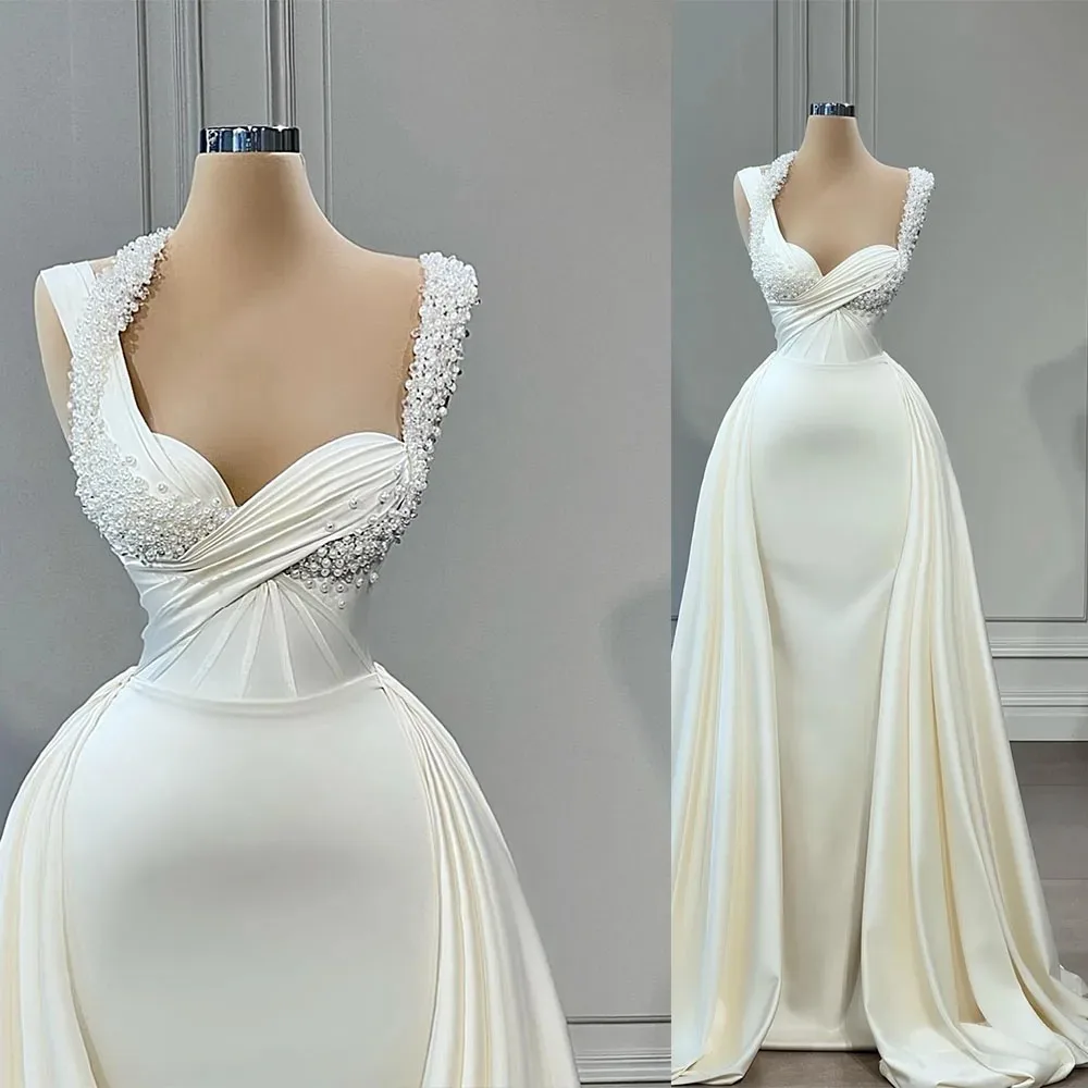 Custom 2026 New Modern Prom Dresses V Neck Sweetheart Beads Lace  Silk Satin Detachable Train Formal Party Gowns