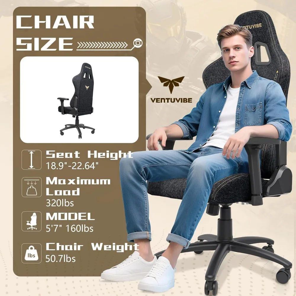 كرسي ألعاب بمسند ذراع قابل للتعديل 4D: 155 °   كرسي استرخاء، سعة 320 رطل، كرسي كمبيوتر مريح عالي الظهر مع دعم قطني