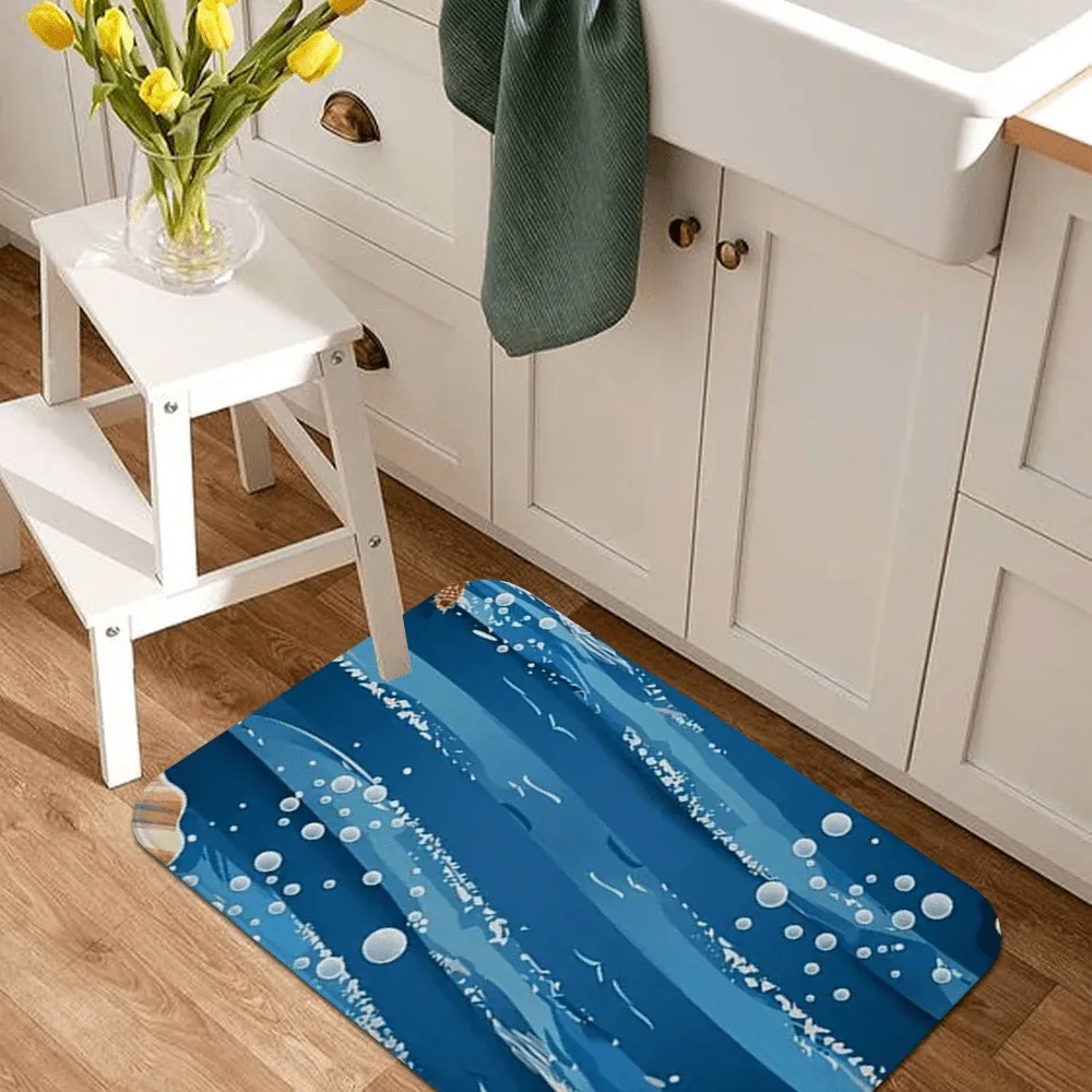 

1PC Oceanic Wave & Seaweed Kitchen Rug Non-Slip Door Mat Pop design Bathroom Rug Bath Mat Carpet for Home Sink Laundry Decor
