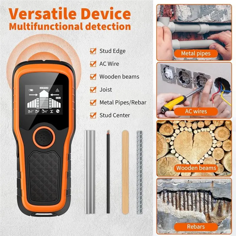 【ใหม่เอี่ยม】เครื่องสแกนผนังแบบ 5-in-1 สำหรับตรวจจับไม้ โลหะ สายไฟ AC พร้อมหน้าจอ LCD ความละเอียดสูง และสัญญาณเตือนแบบเสียง