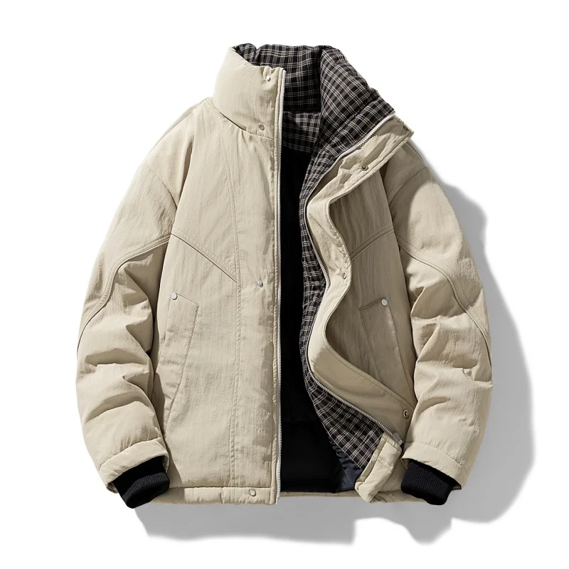 

Теплая хлопковая куртка для мужчин с воротником-стойкой, зимняя, утепленная, из полиэфирного волокна, свободного кроя, с клетчатыми вставками, рабочая одежда