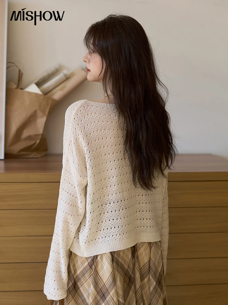 MISHOW Autumn White Imitation Linen Knitted Top 2025 Hollowed Out Casual Knitted Top Shoulder Sleeves Commuting Tops MXE42Z1350