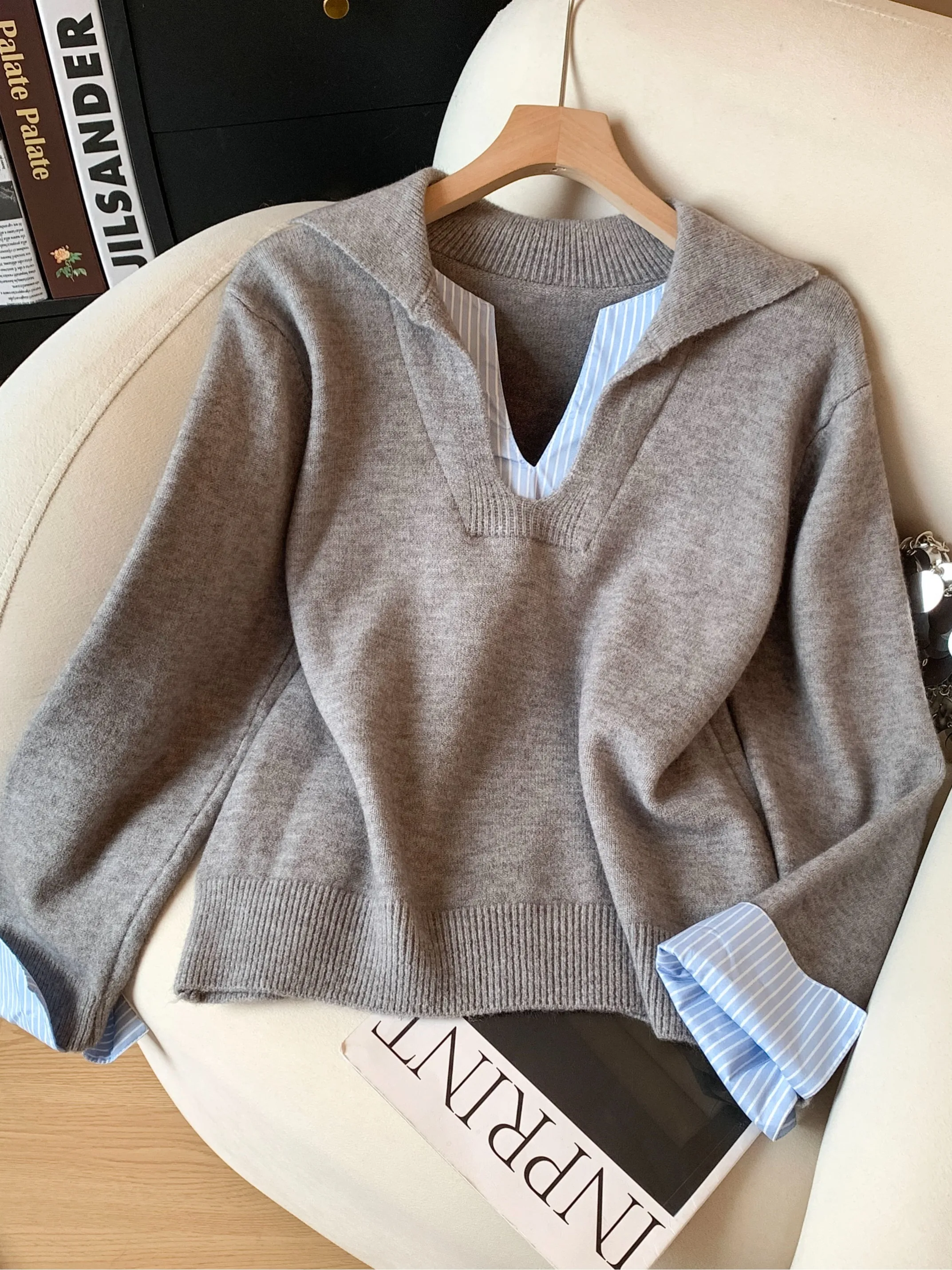 Recomendação de nível Chao! Color Blo Knitwear Suéter solto Faion feminino V-Ne Long Sve Soft Camere Look de duas peças