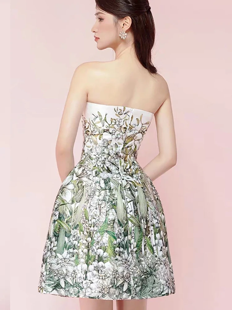 LISM Modisches Damen-Druckkleid, Brustumhüllung, rückenfrei, grüne Blume, Taille, Rückzug, kurze, elegante Partykleider, 2024, Neu