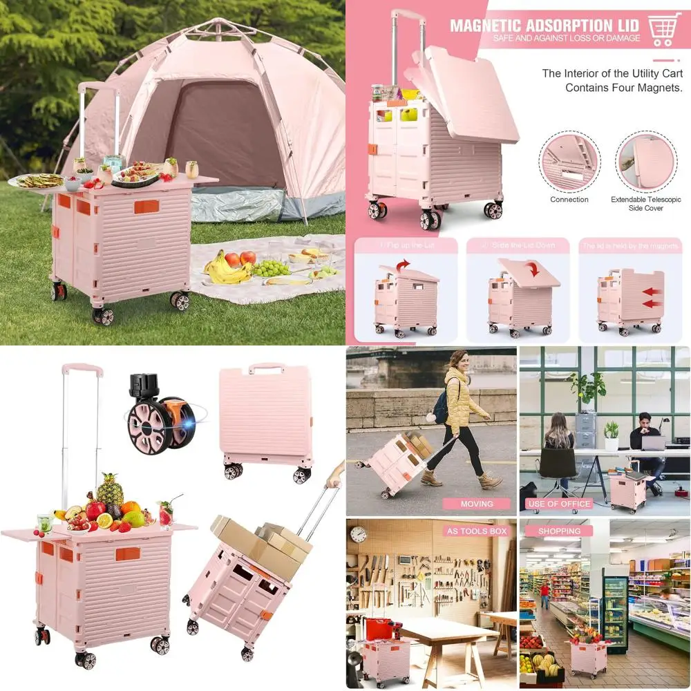 

Portable Folding Utility Cart with Magnetic Lid and Telescoping Handle for Various Uses