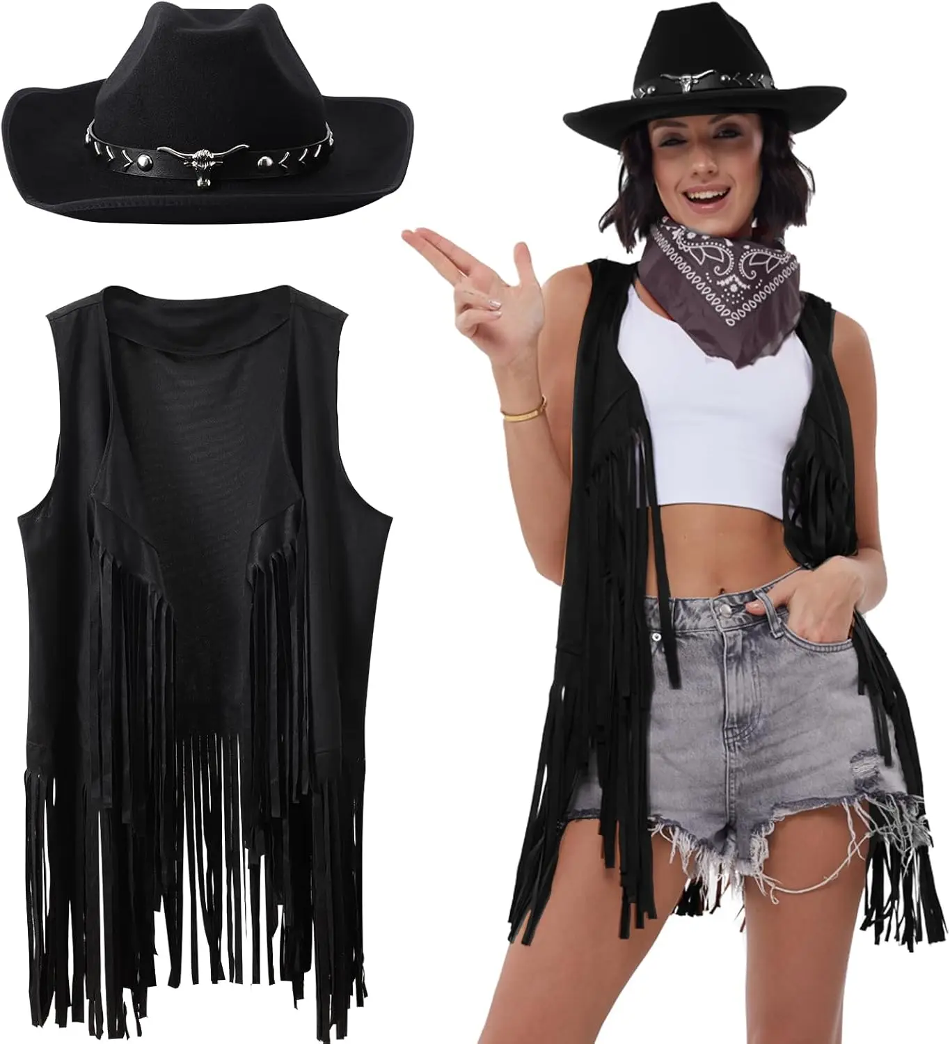 3-delig vrouwen cowboy cowgirl kostuum faux suède kwastje vest met klinknagels cowboyhoed carnaval feestkleding clubwear