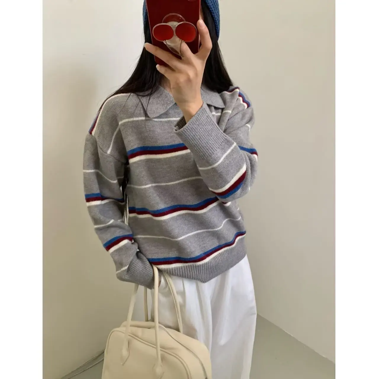 

Striped Knitted Sweater For Women Casual Oversized Jumper Turn Down Collar Long Sleeve Contrast Loose Pullovers 2025 New Autumn