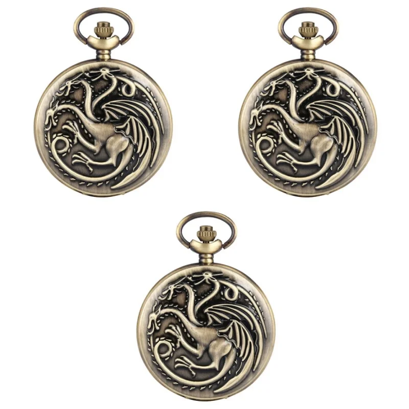 Dreiköpfige Drachen-Quarz-Taschenuhr, Vintage-Bronze, Feuermonster-Halskette, antike Vintage-Uhr