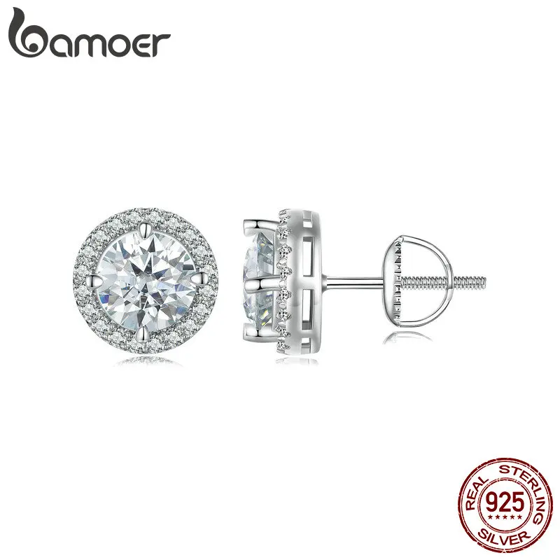 

Bamoer 925 Sterling Silver 1ct Moissanite Stud Earrings Circle Ear Buckles Shiny Zircon for Women Girls Valentine's Day Gift