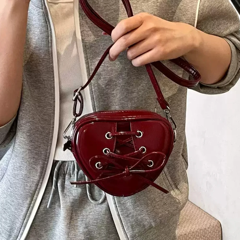 

Women Chic Heart Mini Crossbody Bag Summer Korean Ins Solid Color Drawstring Lace-Up Zipper Shoulder Bags Party Casual Packs
