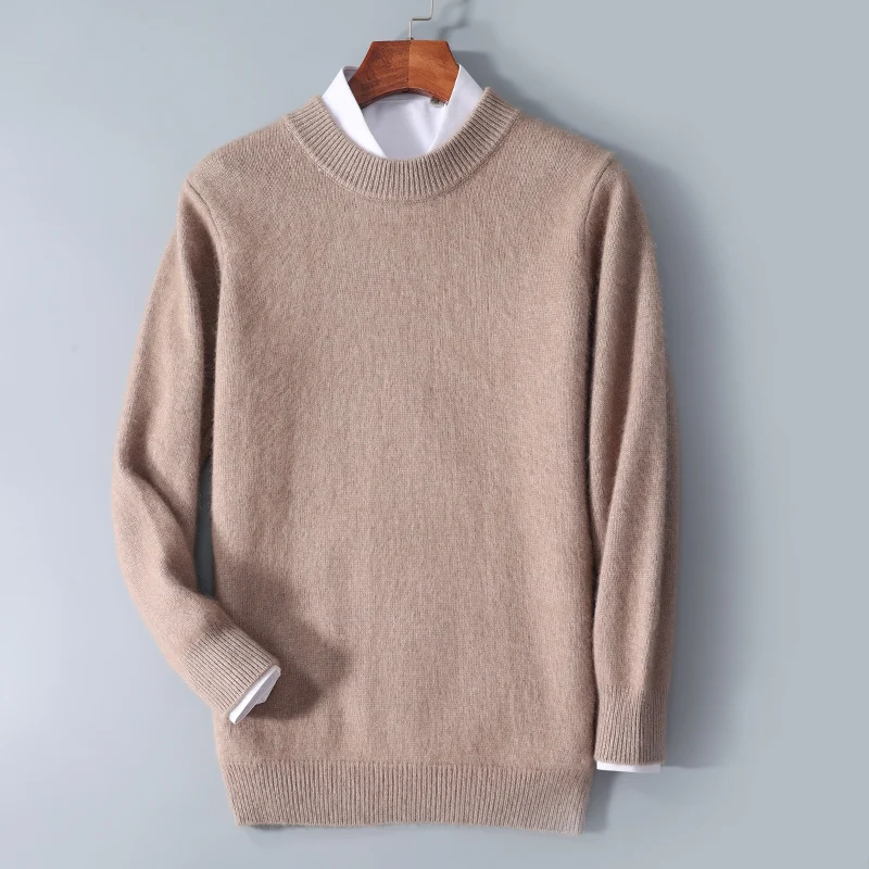 Men\'s 100% Pure Cashmere Sweater Semi-High Round Neck Pullovers Knit Sweater Autumn and Winter High-End Jumper Thick Leisure Top