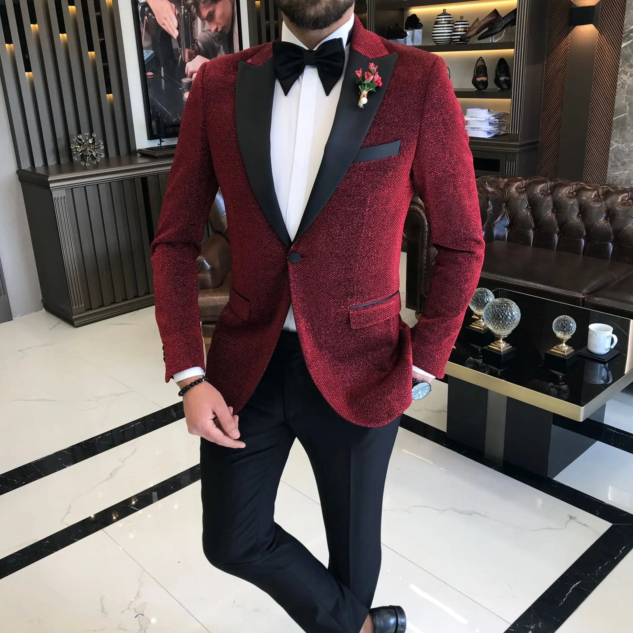 Terno de casamento de lapela masculino, roupa do noivo, traje justo, blazer e calça, smoking masculino, moda, 2 peças, 2023