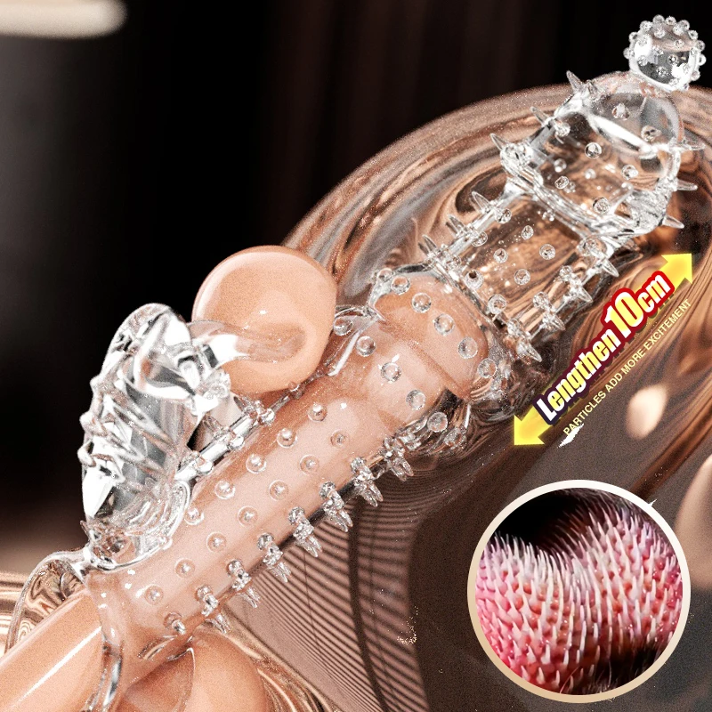 Delay Penis Sleeve Extension Reusable Condom Male Enlargement Dotted Clit Massage Cock Ring Thorn Vibrating Cover Adult Sex Toys