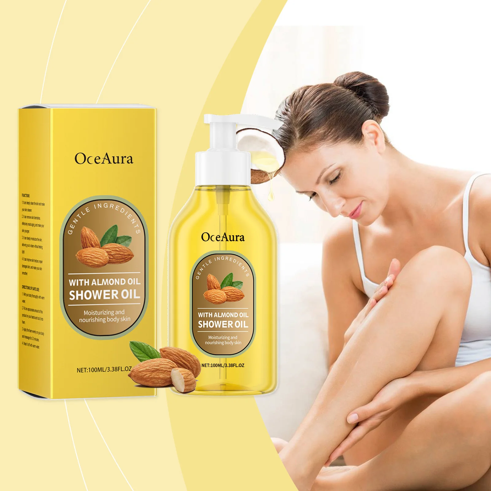

OceAura Масло для душа Масло сладкого миндаля Очистка тела Гладкая кожа Барьер Восстановление Глубокое увлажнение Улучшение сухости Кокосовое масло Масло для ванны