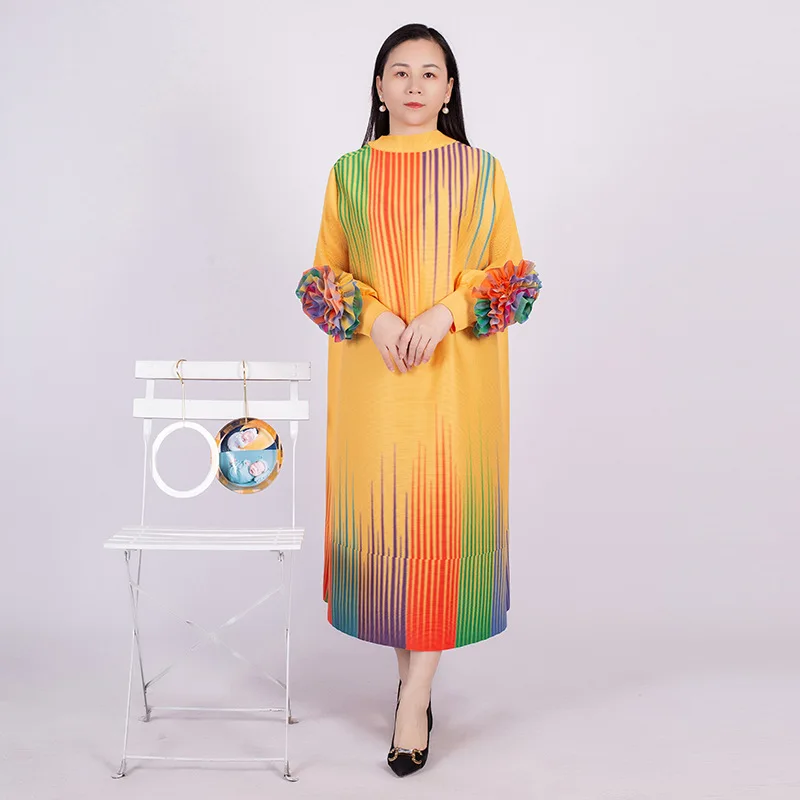 Spring 2023New Miyake Pleated Dresses Rainbow Embroidered Round Neck Long Sleeves Temperament Loose Fashion Women's Summer Dress