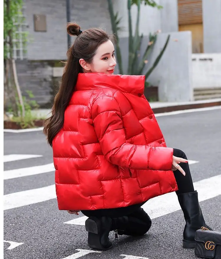 Fashion solid women's winter down jacket stand collar short single-breasted coat preppy style parka ladies chic outwear female