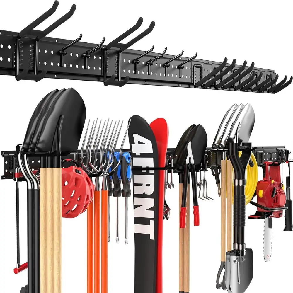 

64 Heavy-Duty Wall-Mounted Garage Organizer with 13 Hooks, Holds 520 lbs, Ideal for Tools and Garden Storage