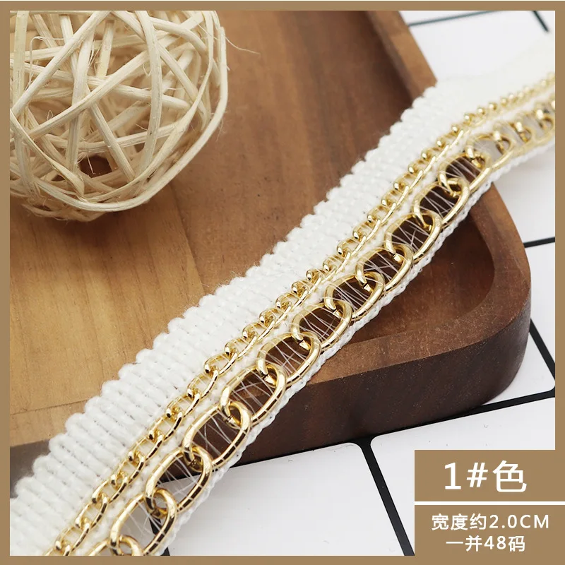 90cm Long White Beaded Cotton Embroidered Gold Aluminum Chain Crochet Woven Lace Trim Fabric Handmade DIY Sewing Craft Ribbons