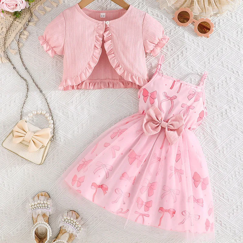 

2Piece Sets Summer Toddler Girl Clothes Korean Cute Bow Mesh Sleeveless Cotton Tops+Princess Dress Kids Boutique Clothing B092