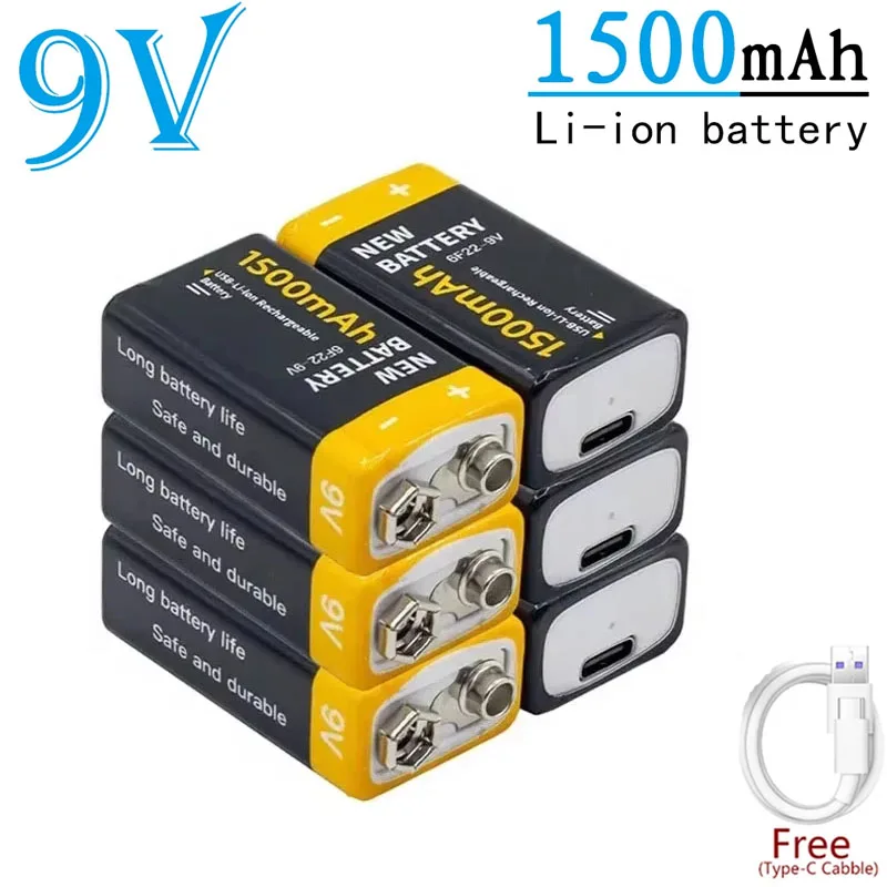 New Upgrade 9V 1500mAh 6F22 9V Micro Li-ion Rechargeable Battery for RC Helicopter Microphone Toy Free USB Type C