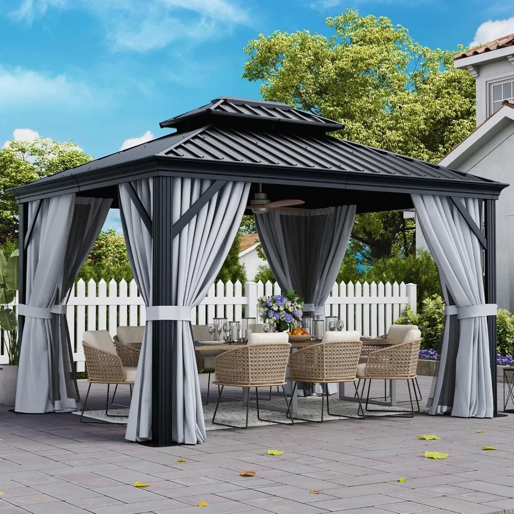 10' X 12' Hardtop Gazebo, Galvanized Steel Double Top, with Privacy Curtains, for Parties, Gardens, Patios, Outdoor Metal Gazebo