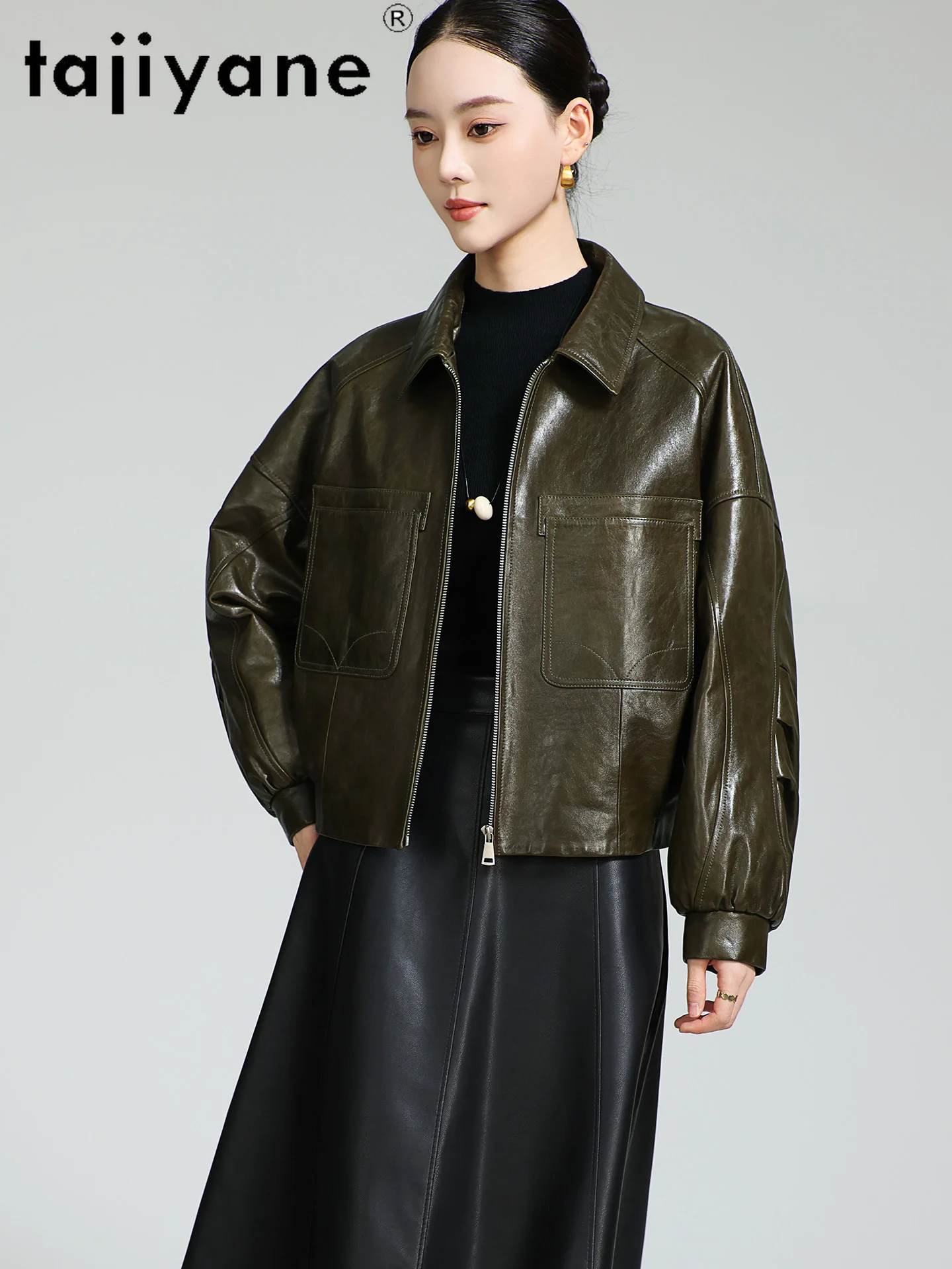 TAJIYANE 100% pelle di pecora a grana superiore Piumino d'oca bianca Donna Piumino corto in vera pelle con colletto in lana 2025 Inverno