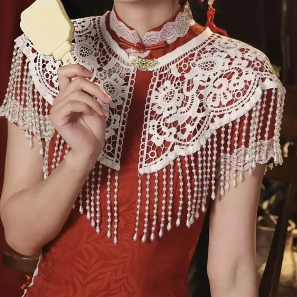 

Hanfu Accessory Vintage Pearl Tassel Shawl Lace Trim with Pearl Tassel Cheongsam Shawl Handmade False Collar Summer