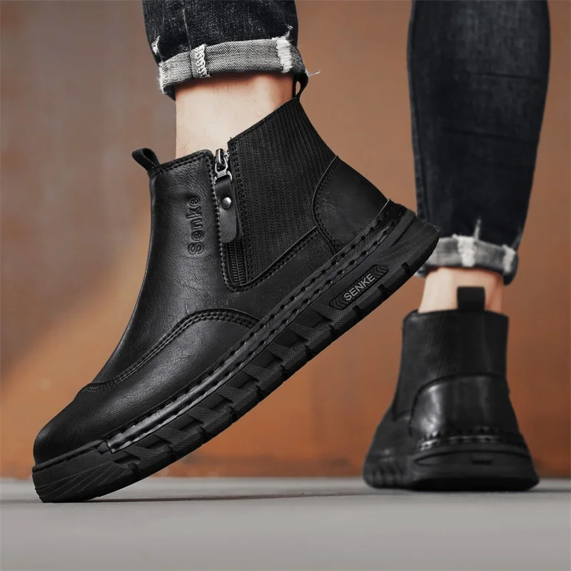 

Men's Boots High Cut Workwear Shoes Autumn New Zipper Non Slip Comfort Thick Soled Wear-resistant Fashion Flat Boots