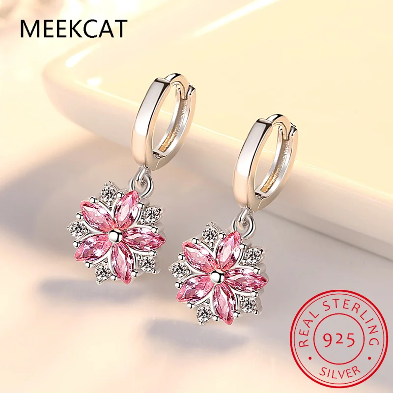 Fashion Child 925 Silver Pink Zirconia Cute Flower Hoop Earrings Girl Women Beautiful Huggies Earring Jewelry Anti-Allergic E198