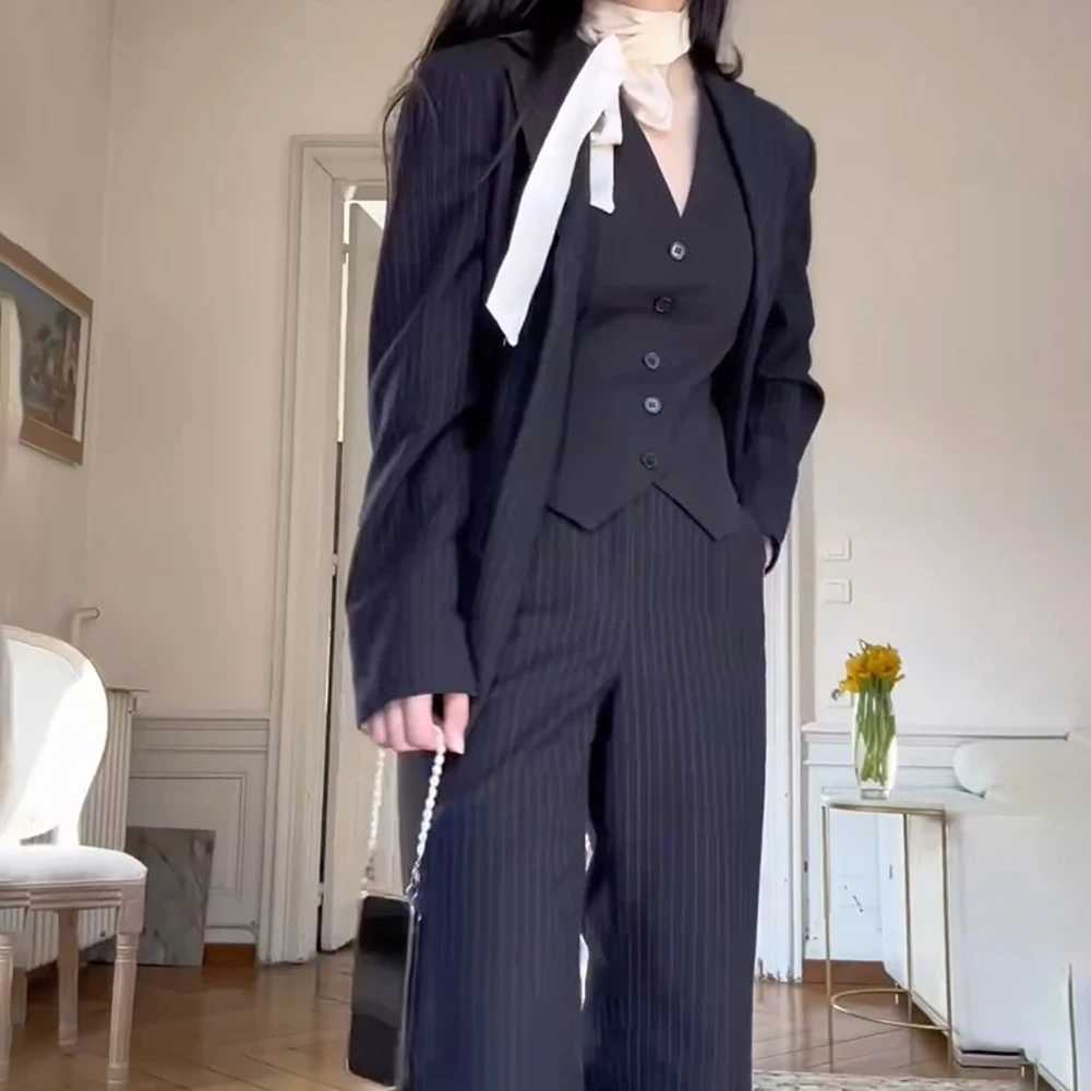 

Dark Blue Stripes Women Suit Customized Single-breasted Peak Lapel 3Pieces(Jacket+Pants+Vest) Business Office Lady Competent Set